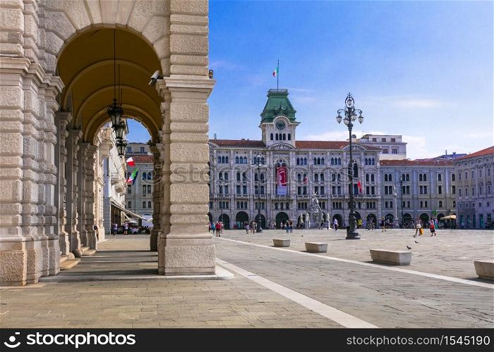 Piazza unita d&rsquo;Italia, the main square in Trieste, seaport city in northeast Italy. August 2019. Landmarks and beautiful places of Italy - Trieste city