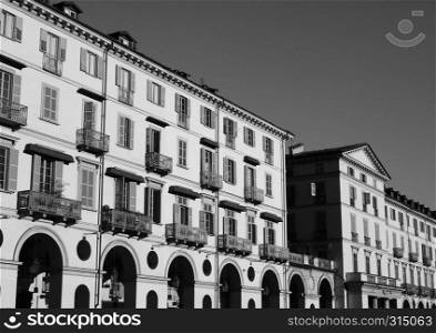 Piazza Vittorio Emanuele II square in Turin, Italy in black and white. Piazza Vittorio square in Turin in black and white