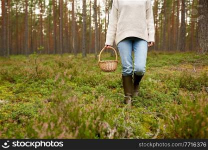 picking season and leisure people concept - young woman with mushrooms in wicker basket walking in forest. woman with basket picking mushrooms in forest