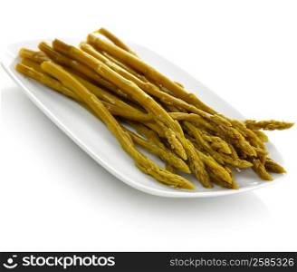 Pickled Asparagus In A White Dish