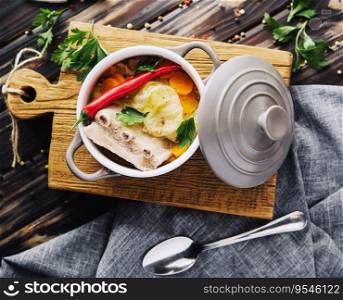Pickled cabbage soup with carrots and pork ribs