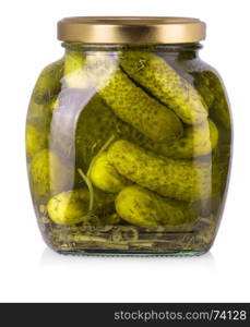 Pickled cucumbers in glass jar on a white background with clipping path