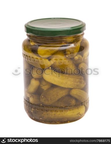 Pickled cucumbers in jar isolated on white