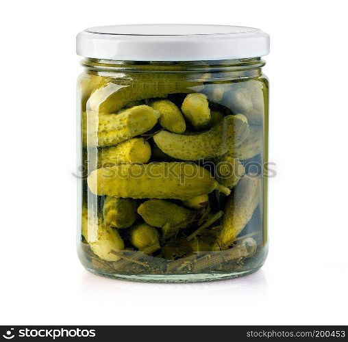 Pickled cucumbers isolated. Pickles in glass jar isolated on white background. with clipping path