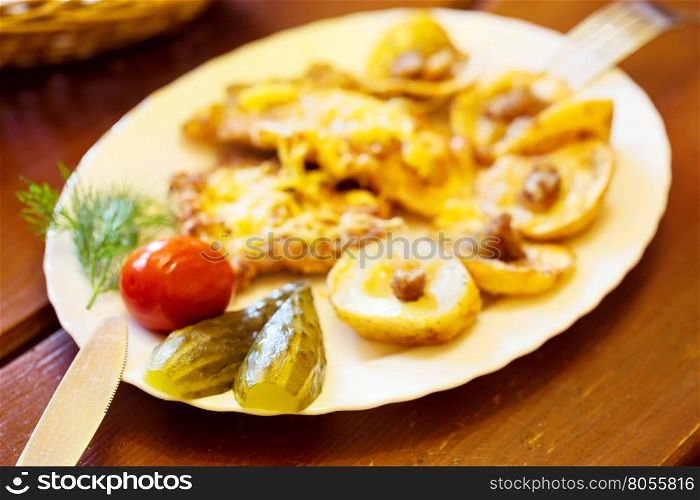 Pickled cucumbers on plate with food taken with blurred background. Pickled cucumbers on plate with food