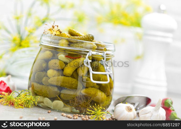 Pickled cucumbers, small marinated pickles, gherkins