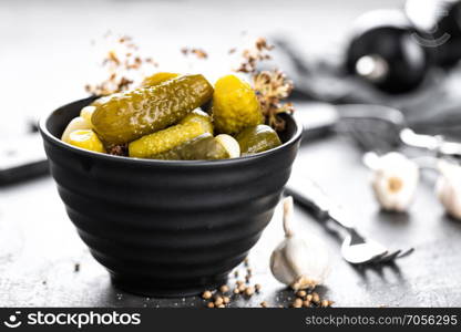 Pickled cucumbers, small marinated pickles, gherkins