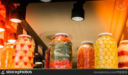 Pickled fermented vegetables in jars for long-term storage