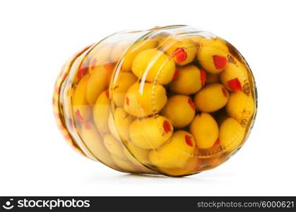 Pickled olives in glass jar