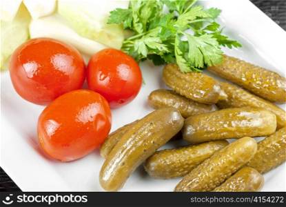 pickled vegetables of tomato, cucumber and cabbage