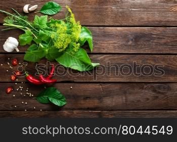 pickling cucumbers ingredients, herbs, spices, top view, rustic style