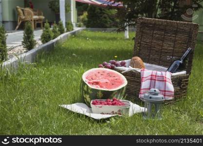 picnic basket fruits green grass