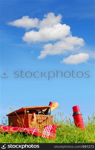 Picnic basket with food and drinks in summer