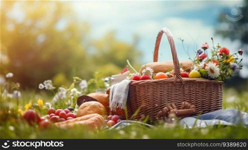 Picnic basket with fruit and bakery on meadow. Panoramic view. Holiday, weekend spring, summer vacation concept. Generative AI