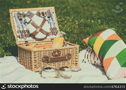 Picnic Basket With Fruits, Orange Juice, Croissants And No Bake Blueberry And Strawberry Jam Cheesecake