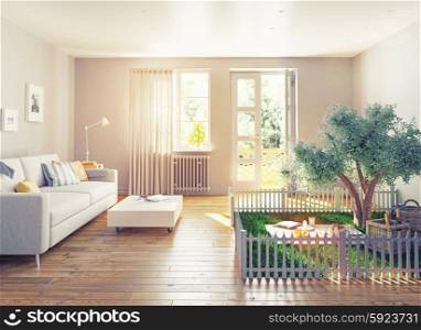 picnic in a home interior. 3D concept illustration