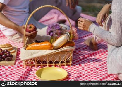 Picnic Lunch Meal Outdoors Park with food picnic basket. enjoying picnic time in park nature outdoors