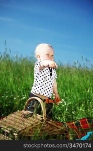 picnic on green grass boy and basket