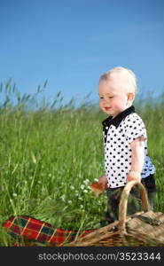 picnic on green grass boy and basket