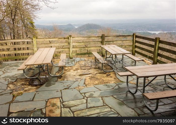 picnic tables with mountain view background