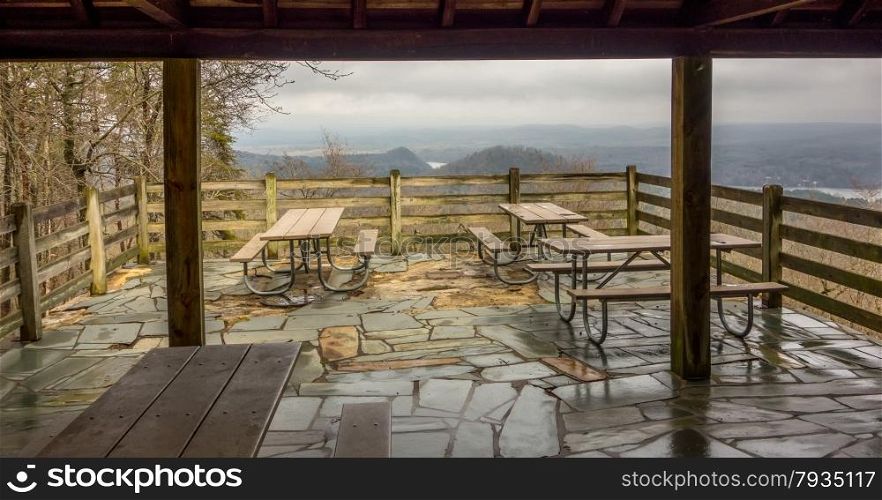 picnic tables with mountain view background
