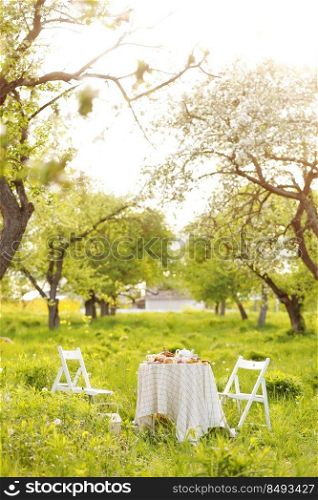 picnic with decorated table with croissants, fruits and drinks in beautiful blossom spring green park, romantic date table food setting for two.. picnic with decorated table with croissants, fruits and drinks in beautiful blossom spring green park, romantic date table food setting for two
