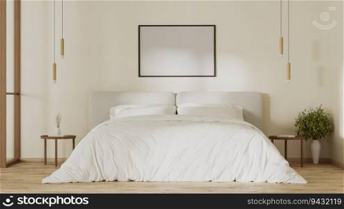 picture frame mock up above bed in modern bedroom interior, 3d render