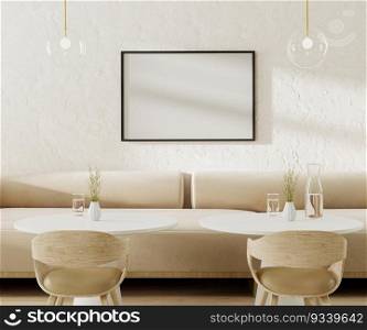 Picture frame mock up above light beige sofa in cafe with round coffee tables and chairs, 3d rendering