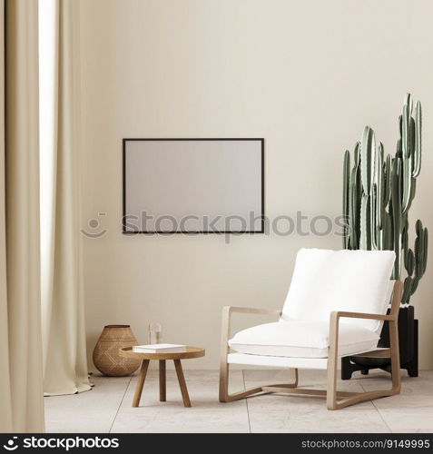 Picture frame mock up in boho sty≤∫erior background with white armchair and coffee tab≤≠ar window ,bei≥wall, 3d render