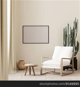 Picture frame mock up in boho sty≤∫erior background with white armchair and coffee tab≤≠ar window ,bei≥wall, 3d render