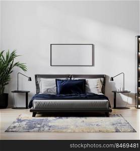 picture frame mock up in home bedroom interio with bed and dark blue pillow, bedside tables, plant with white wall, 3d illustration