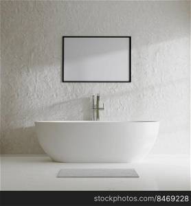 picture frame mock up in modern bathroom with bathtub and decorative concrete wall with sunlight shadow, 3d rendering