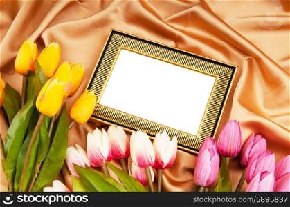Picture frames and tulips flowers on satin