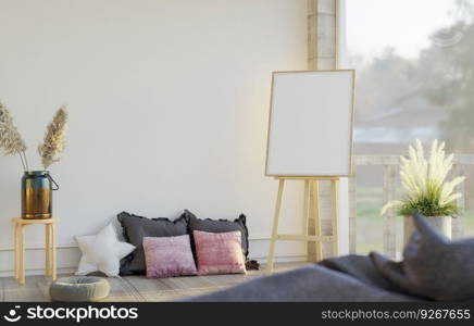 Picture frames with plant pots adorn the living room.