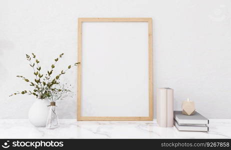 Picture frames with plant pots adorn the living room.