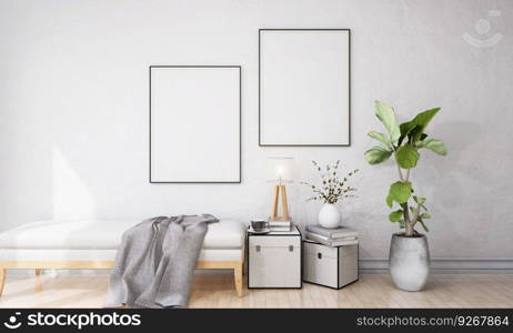 Picture frames with plant pots adorn the living room.