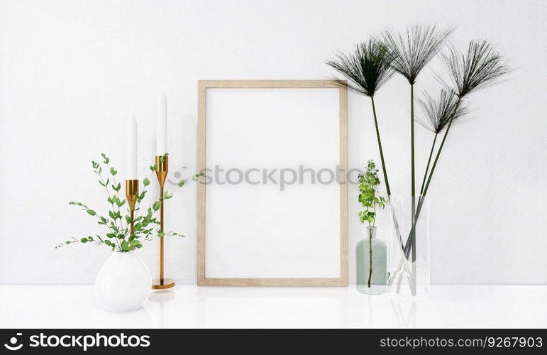 Picture frames with plant pots adorn the living room.