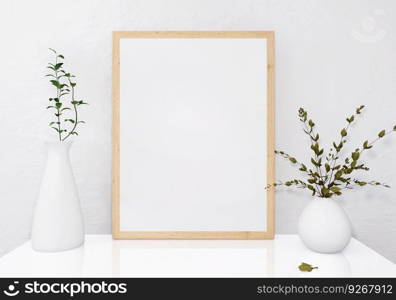 Picture frames with plant pots adorn the living room.