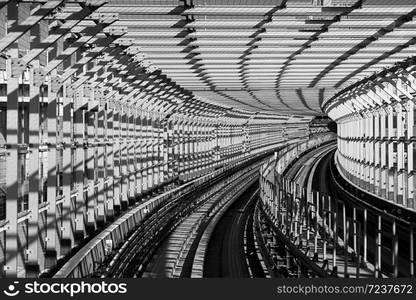 Picture inside a commuter train in Tokyo aproaching the end of Odaiba&rsquo;s Rainbow bridge.