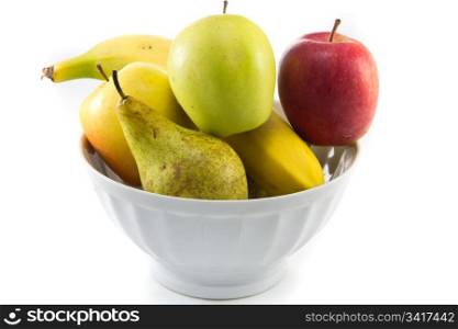 Picture of a bowl of assorted fruits on a white background