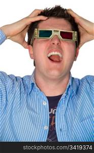 Picture of a frustrated man watching a 3d movie with anaglyph glasses