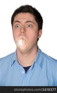 Picture of a man with a glowing lightbulb in his mouth