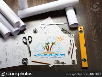 Picture of a tropical island on the table with tools