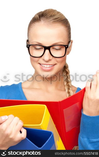 picture of a young attractive businesswoman with folders