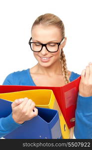 picture of a young attractive businesswoman with folders