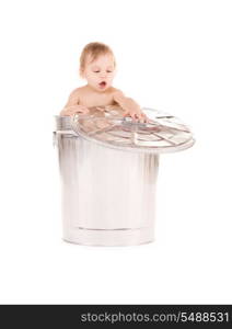 picture of adorable baby in trash can