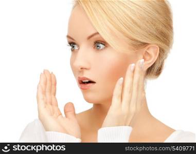 picture of amazed woman with hands up.