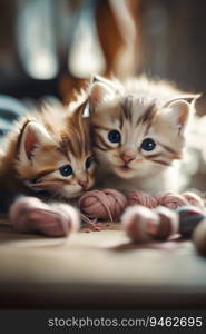 Picture of an Adorable Small Happy Kittens Playing with Wool, created with Generative AI technology 