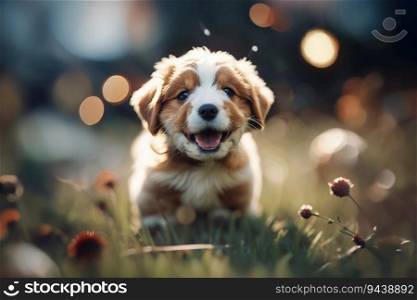 Picture of an Adorable Small Happy Puppy Playing in Sun, created with Generative AI technology 