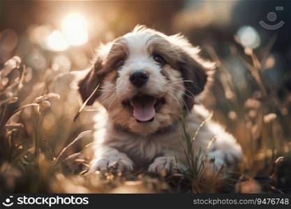 Picture of an Adorable Small Happy Puppy Playing in Sun, created with Generative AI technology 